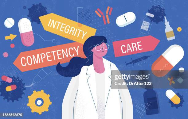 illustrazioni stock, clip art, cartoni animati e icone di tendenza di concetto di farmacogenomica per la cura dell'integrità delle competenze - ethical treatment
