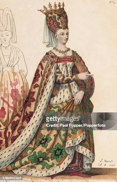 Colour plate from Costumes Francais showing Queen Isabelle de Baviere , she wears a high floral crown with a back veil, and her gown and long cloak...