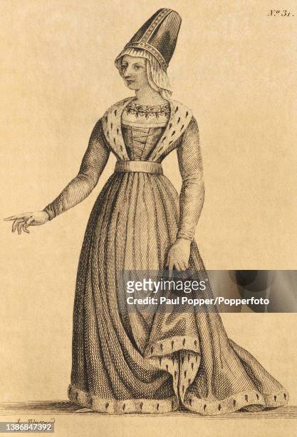 Illustrated plate from Costumes Francais showing Queen Marie of Anjou , wife of Charles Vll of France, she wears a pointed cap over a pleated white...