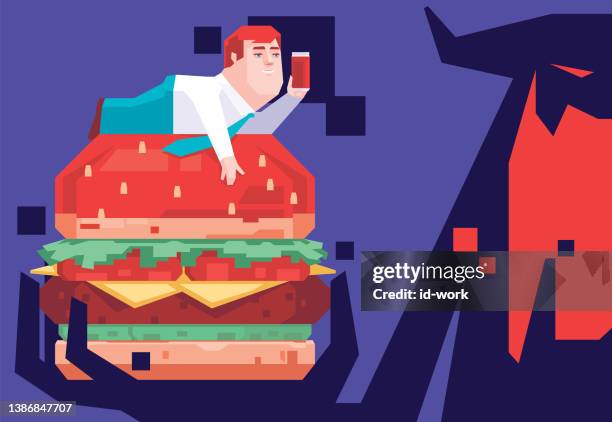 devil holding hamburger with businessman - man drinking can stock illustrations