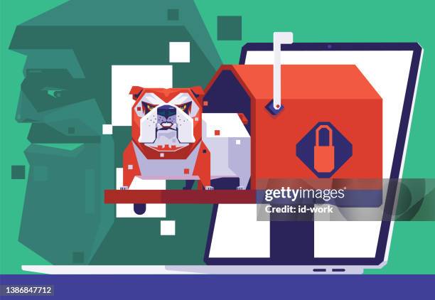 bulldog guarding mailbox with hacker hiding behind laptop - mailbox in the block stock illustrations