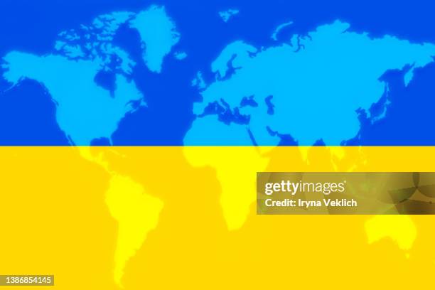 national flag of ukraine background and world map. in solidarity with ukraine. - evacuation map stock-fotos und bilder