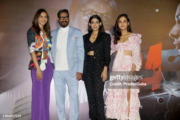 Rakul Preet Singh, Ajay Devgn, Aakanksha Singh and Angira Dhar attend the trailer launch 'Runway 34' on March 21, 2022 in Mumbai, India