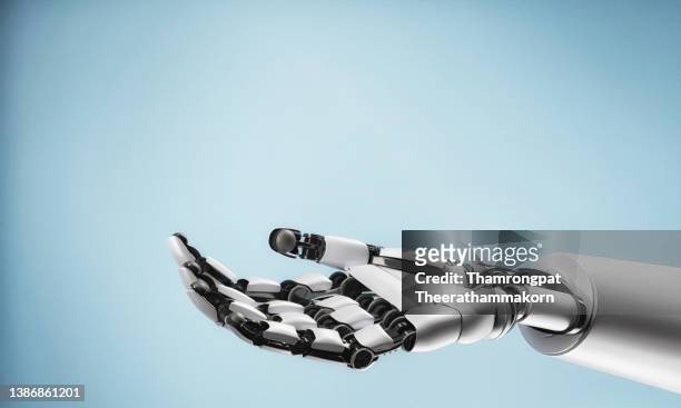 robot's mechanical arm reach out to help and support or serve as template for carrying goods on blank empty hand. innovative technology and artificial intelligence concept. 3d illustration rendering - braccio umano foto e immagini stock