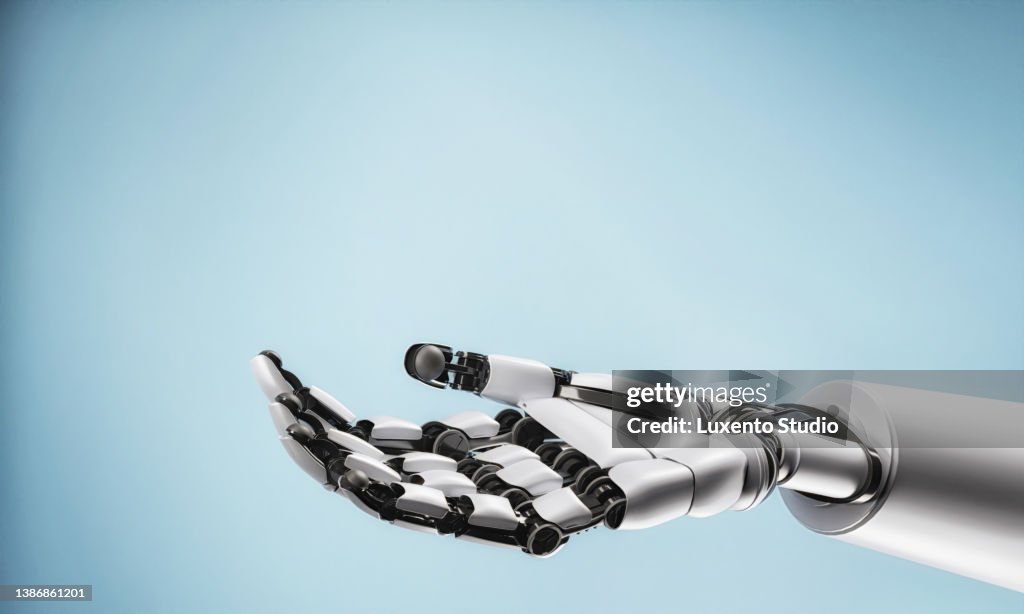 Robot's mechanical arm reach out to help and support or serve as template for carrying goods on blank empty hand. Innovative technology and Artificial intelligence concept. 3D illustration rendering