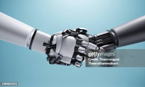 robots on opposite sides of the war or competitors shaking hands and work together to maintain peace or band together to create brands partner to hit the market with their target audience. innovative technology concept. 3d illustration rendering - human arm photos et images de collection