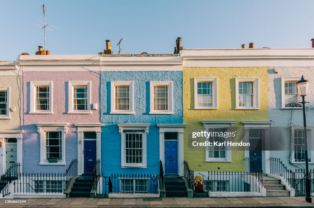 Colourful London townhouses at sunset