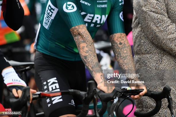 Tattoo detail view of Francisco Kiko Galván Fernández of Spain and Team Equipo Kern Pharma prior to the 101st Volta Ciclista a Catalunya 2022 - Stage...