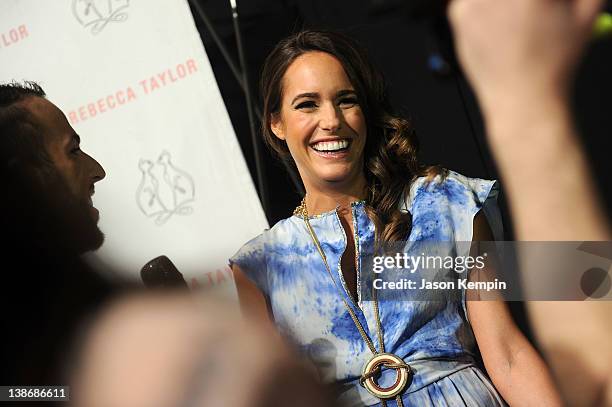 Personality Louise Roe poses backstage at the Rebecca Taylor Fall 2012 fashion show during Mercedes-Benz Fashion Week at The Stage at Lincoln Center...