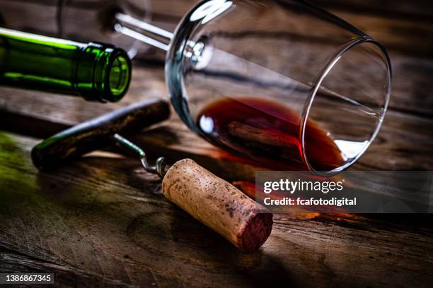 red wine cork stopper, wineglass and wine bottle - cork stopper bildbanksfoton och bilder