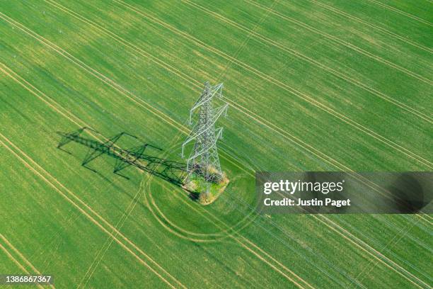 drone view of an electricity pylon in a green agricultural field - electricity pylon stock pictures, royalty-free photos & images
