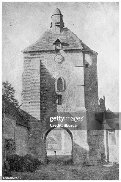 illustrazioni stock, clip art, cartoni animati e icone di tendenza di antiche fotografie di viaggio delle città della francia: lucheux, campanile - campanile orologio