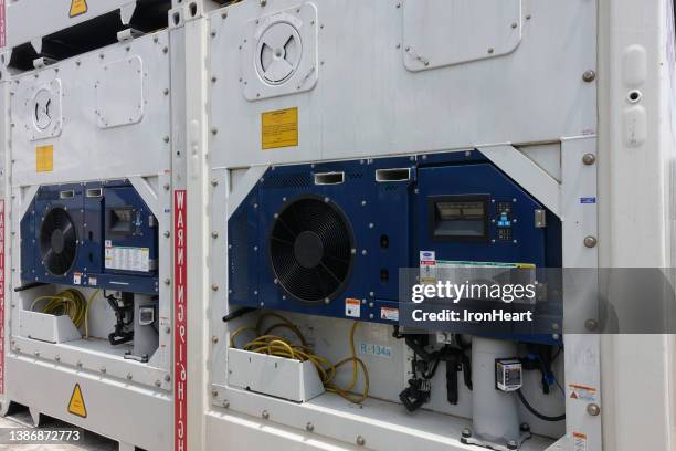 reefer container engine part. - refrigerator truck stock pictures, royalty-free photos & images