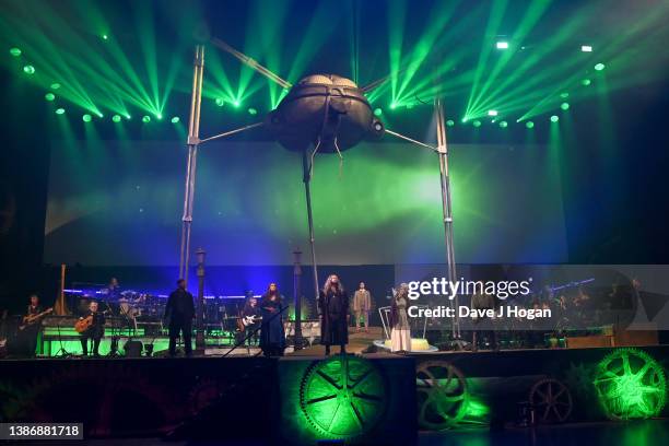 Cast members Kevin Clifton, Claire Richards, Duncan James, Nathan James and Anna-Marie Wayne appear on screen during the dress rehearsal of Jeff...