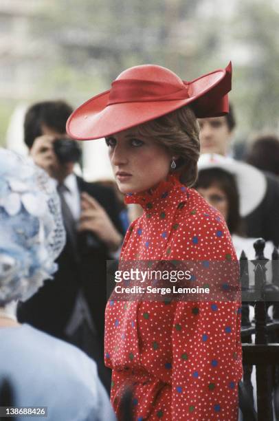 Lady Diana Spencer, the future Diana, Princess of Wales, attends the wedding of Conservative politician Nicholas Soames and Catherine Weatherall at...