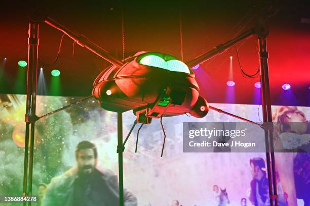 Martian fighting machine appears on stage during the dress rehearsal of Jeff Wayne's "The War Of The Worlds" stage tour on March 21, 2022 in...