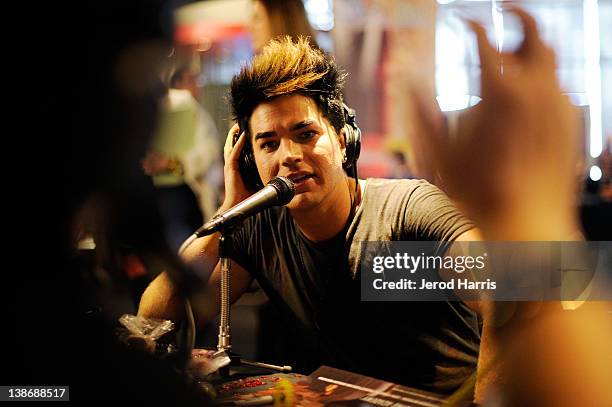 Recording artist Adam Lambert backstage at the GRAMMYs Dial Global Radio Remotes during The 54th Annual GRAMMY Awards at Staples Center on February...