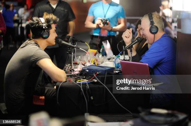 Recording artist Adam Lambert backstage at the GRAMMYs Dial Global Radio Remotes during The 54th Annual GRAMMY Awards at Staples Center on February...