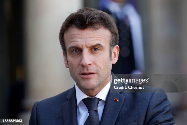 French President Emmanuel Macron makes a statement prior to a meeting with Spanish Prime Minister Pedro Sanchez amid Russia's invasion of Ukraine at...