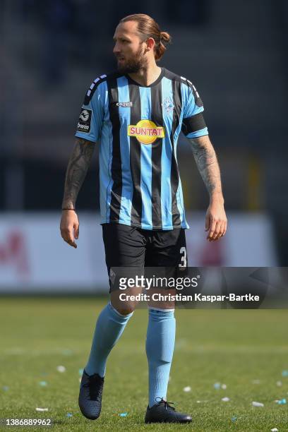 Marco Hoeger of SV Waldhof Mannheim reacts during the 3. Liga match between Waldhof Mannheim and TSV 1860 München at Carl-Benz-Stadium on March 20,...
