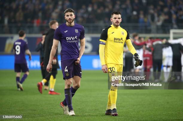 Wesley Hoedt of Anderlecht and Hendrik Van Crombrugge of Anderlecht look dejected during the Jupiler Pro League match between KAA Gent and RSC...