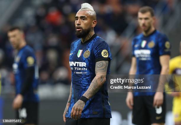 Arturo Vidal of FC Internazionale looks on during the Serie A match between FC Internazionale and ACF Fiorentina at Stadio Giuseppe Meazza on March...