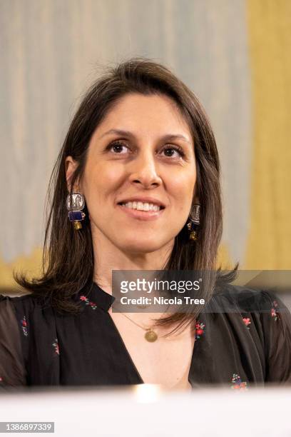 Nazanin Zaghari-Ratcliffe attends a press conference hosted by their local MP Tulip Siddiq in the Macmillan Room, Portcullis House on March 21, 2022...