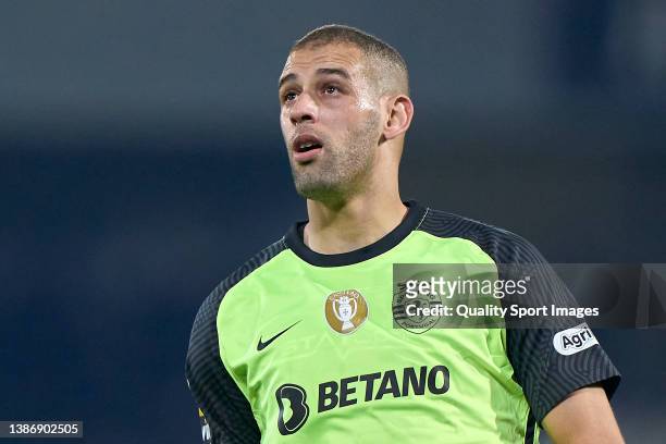 Islam Slimani of Sporting CP looks on during the Liga Portugal Bwin match between Vitoria Guimaraes SC and Sporting CP at Estadio Dom Afonso...