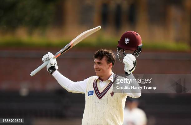 Tom Banton of Somerset celebrates their century during Day One of the Pre Season Friendly match between Somerset and Glamorgan at The Cooper...