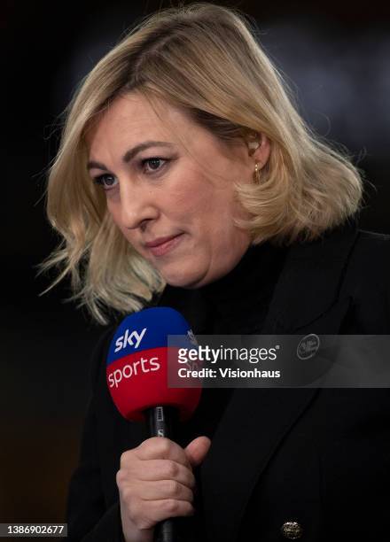 Sky Sports presenter Kelly Cates ahead of the Premier League match between Wolverhampton Wanderers and Leeds United at Molineux on March 18, 2022 in...