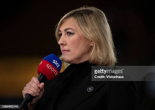 Sky Sports presenter Kelly Cates ahead of the Premier League match between Wolverhampton Wanderers and Leeds United at Molineux on March 18, 2022 in...