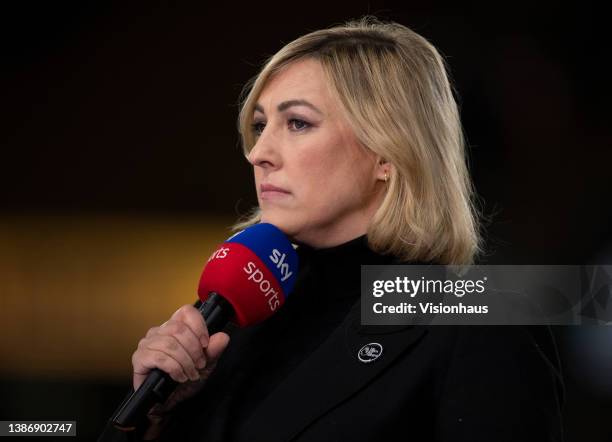 Sky Sports presenter Kelly Cates ahead of the Premier League match between Wolverhampton Wanderers and Leeds United at Molineux on March 18, 2022 in...