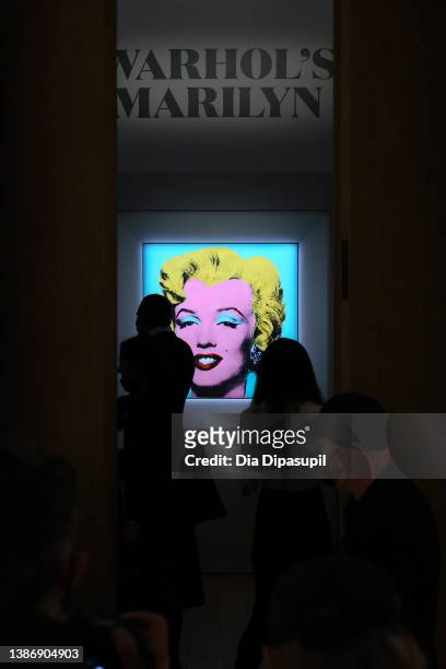 View of atmosphere during Christie's announcement that they will offer Andy Warhol’s Shot Sage Blue Marilyn painting of Marilyn Monroe at Christie’s...