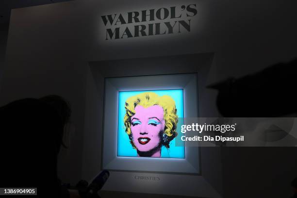 View of atmosphere during Christie's announcement that they will offer Andy Warhol’s Shot Sage Blue Marilyn painting of Marilyn Monroe at Christie’s...