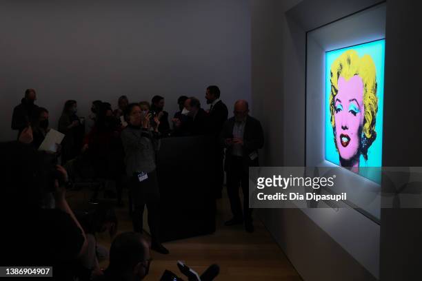View of atmosphere during Christie's announcement that they will offer Andy Warhol’s Shot Sage Blue Marilyn painting of Marilyn Monroe at Christie’s...
