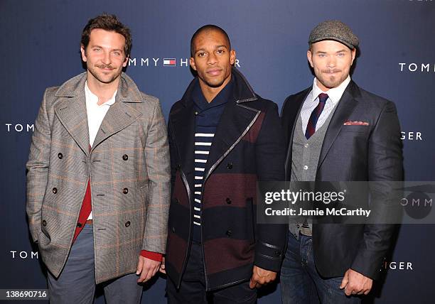 Actor Bradley Cooper, New York Giants wide receiver Victor Cruz and actor Kellen Lutz pose backstage at the Tommy Hilfiger Presents Fall 2012 Men's...