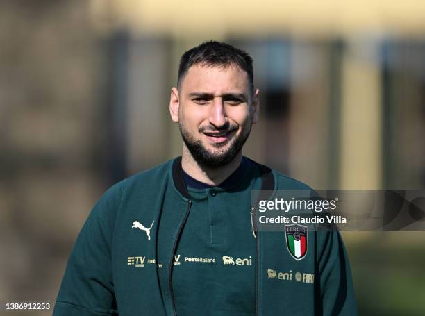 Gianluigi Donnarumma of Italy in action during a Italy training session at Centro Tecnico Federale di Coverciano on March 21, 2022 in Florence, Italy.
