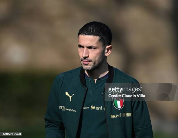Stefano Sensi of Italy in action during a Italy training session at Centro Tecnico Federale di Coverciano on March 21, 2022 in Florence, Italy.