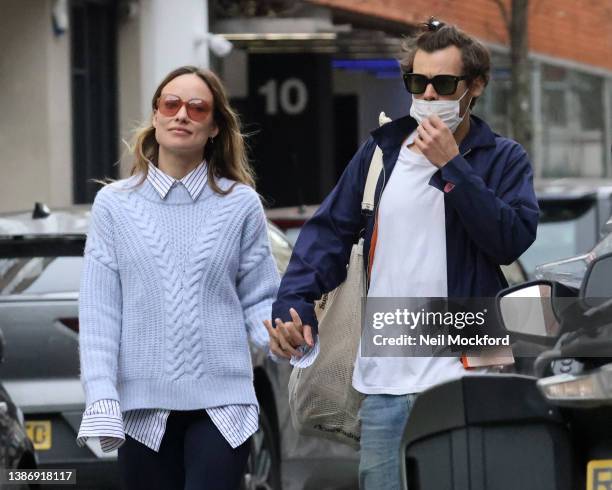 Harry Styles and Olivia Wilde are seen in Soho on March 15, 2022 in London, England.