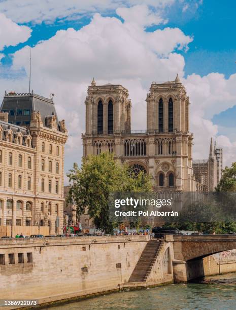 notre dame de paris cathedral, france. gothic architecture in summer. - saint denis paris stock pictures, royalty-free photos & images