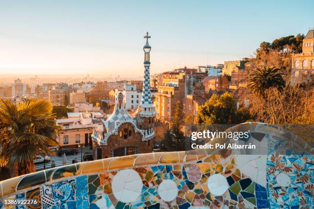 barcelona at sunrise viewed from park guell, barcelona, catalonia, spain. - spagna foto e immagini stock