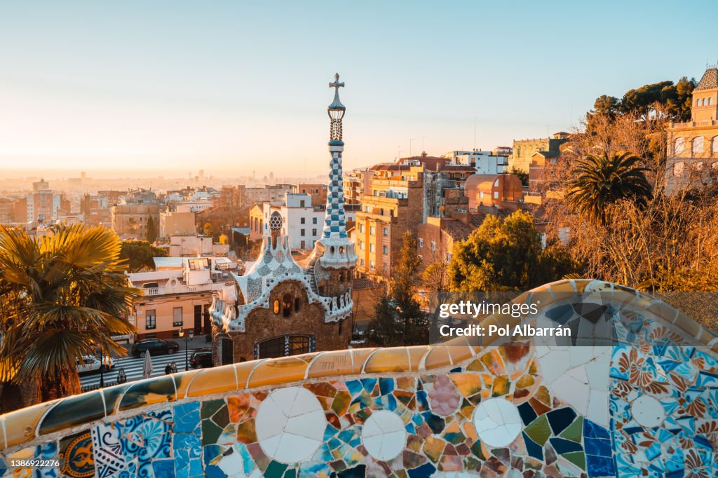 Barcelona at sunrise viewed from park Guell, Barcelona, Catalonia, Spain.