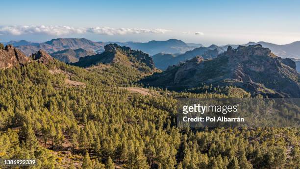 colorful and scenic view of roque nublo mountains - tejeda, gran canaria, canary islands, spain. - cordilheira imagens e fotografias de stock
