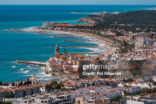 Aerial view of the touristic town of Sitges in Barcelona, Catalonia, Spain. Aerial view of the touristic town of Sitges in Barcelona, Catalonia, Spain.
