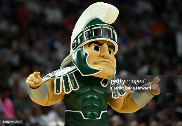 Sparty the Michigan State Spartans mascot hypes up the crowd in a timeout during the first half in the second round game of the 2022 NCAA Men's...