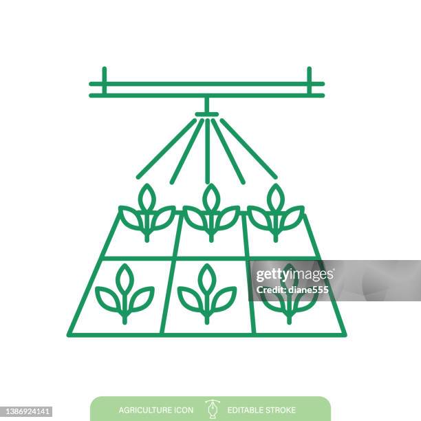 seedling tray and sprinkler in a greenhouse. agriculture line icon on a transparent background - sprinkler stock illustrations