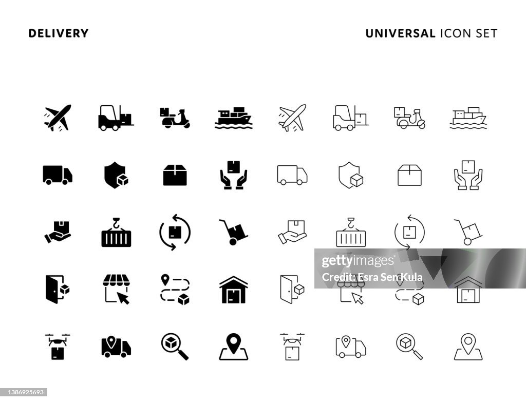 Delivery Universal Solid and Line Icon Set with Editable Stroke. Icons are Suitable for Web Page, Mobile App, UI, UX and GUI design.