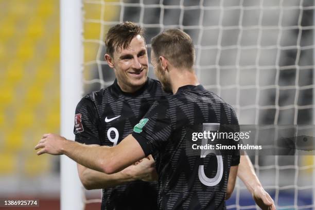 Chris Wood of New Zealand celebrates his goal during the OFC 2022 FIFA World Cup qualifiers match between New Zealand and Fiji at Qatar SC Stadium on...