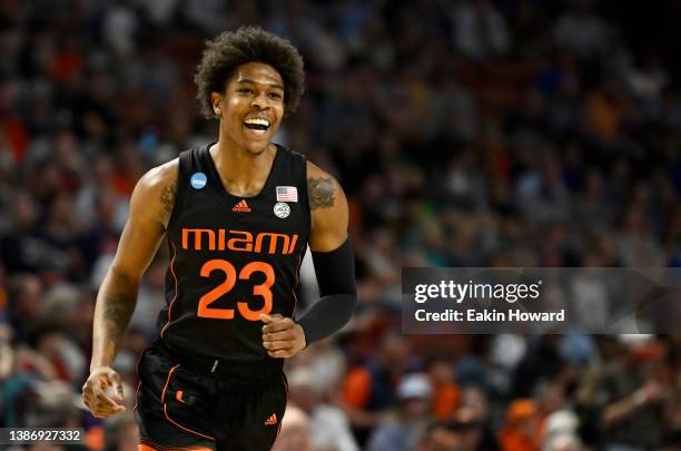 Kameron McGusty of the Miami Hurricanes reacts against the Auburn Tigers during the first half in the second round game of the 2022 NCAA Men's...