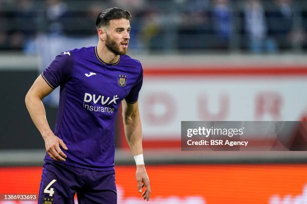 Wesley Hoedt of RSC Anderlecht during the Jupiler Pro League match between KAA Gent and RSC Anderlecht at Ghelamco Arena on March 20, 2022 in Gent,...